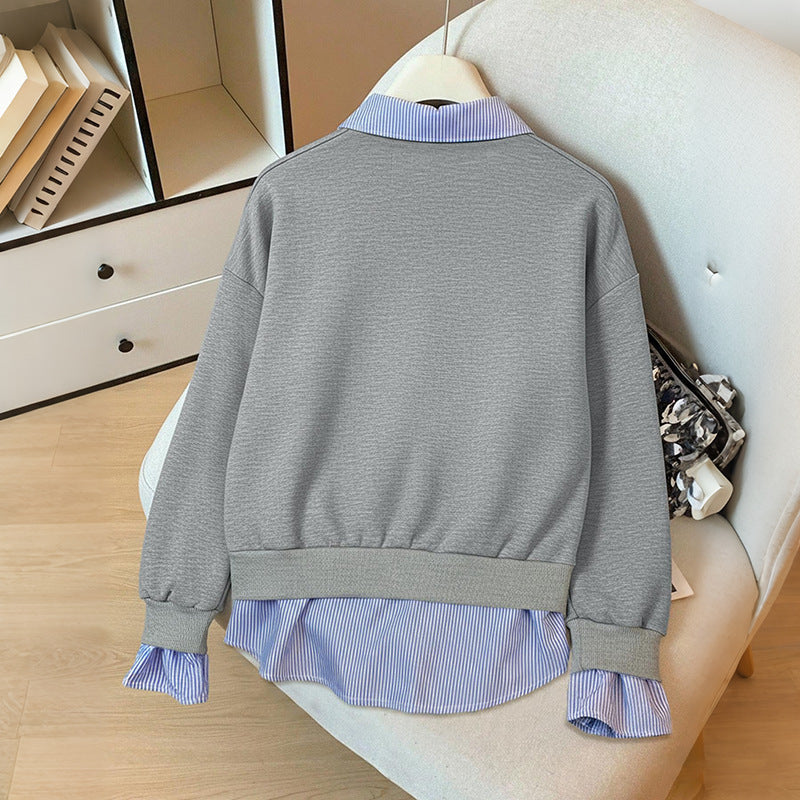 Ladies Layered-Look Sweatshirt with Integrated Shirt Hem and Ruffled Cuffs Mune Fashion