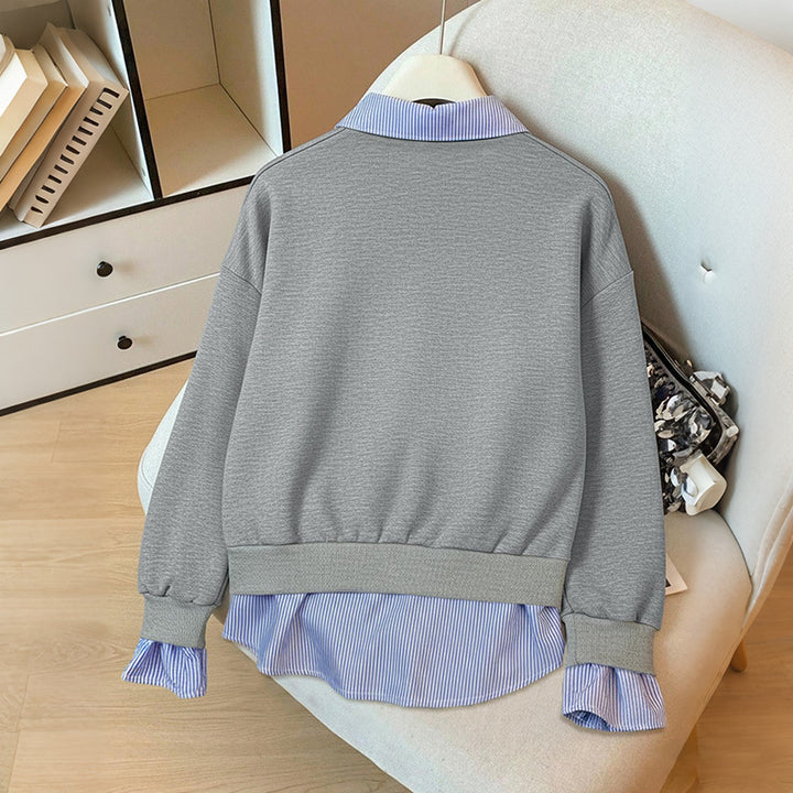 Ladies Layered-Look Sweatshirt with Integrated Shirt Hem and Ruffled Cuffs Mune Fashion