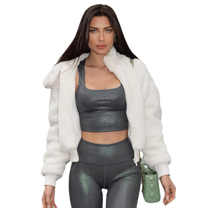 Women nan padded teddy fleece hoodie jacket with hood, short cut and elastic ribbed hem Mune Fashion