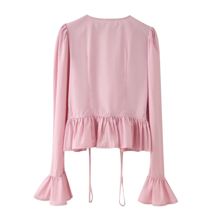 Ladies ruffle blouse with drawstring, flounce hem and bell sleeves Mune Fashion