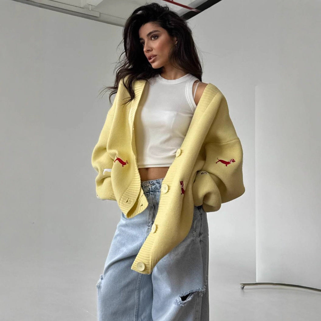 Women Oversized Knit Cardigan with Embroidered Dachshund Motifs Mune Fashion