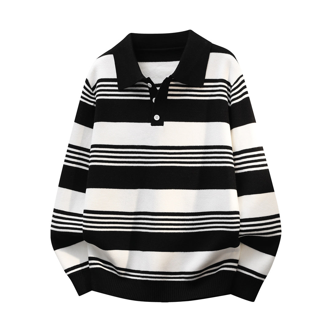 Women's Oversize Long Sleeve Polo Knit Sweater with Retro Stripes and Breast Button Placket Mune Fashion