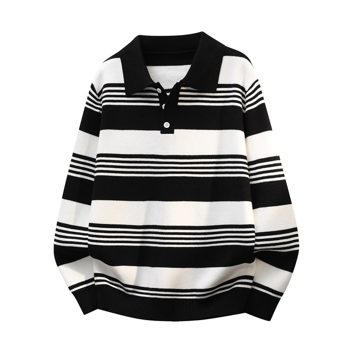 Women's Oversize Long Sleeve Polo Knit Sweater with Retro Stripes and Breast Button Placket Mune Fashion