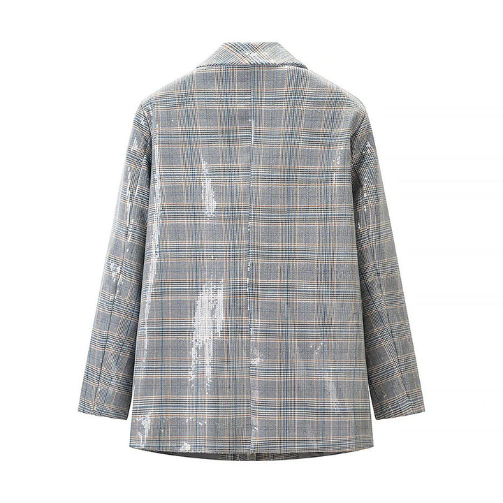 Women's glitter check blazer with tie belt, boxy fit and patch pockets Mune Fashion