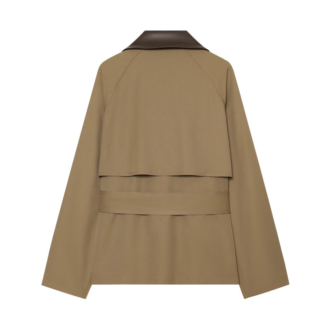 Women's short-cut trench coat with contrasting leather collar and waist belt Mune Fashion