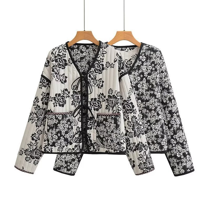 Women's Quilted Short Jacket with Floral Allover Print and Tie Ribbons Mune Fashion