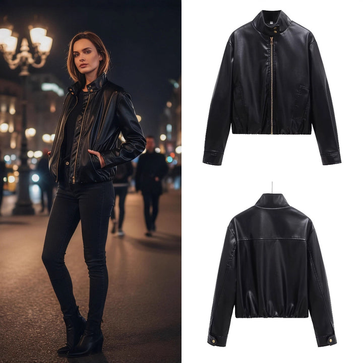 Ladies short cut faux leather bomber jacket with standing collar and zipper Mune Fashion
