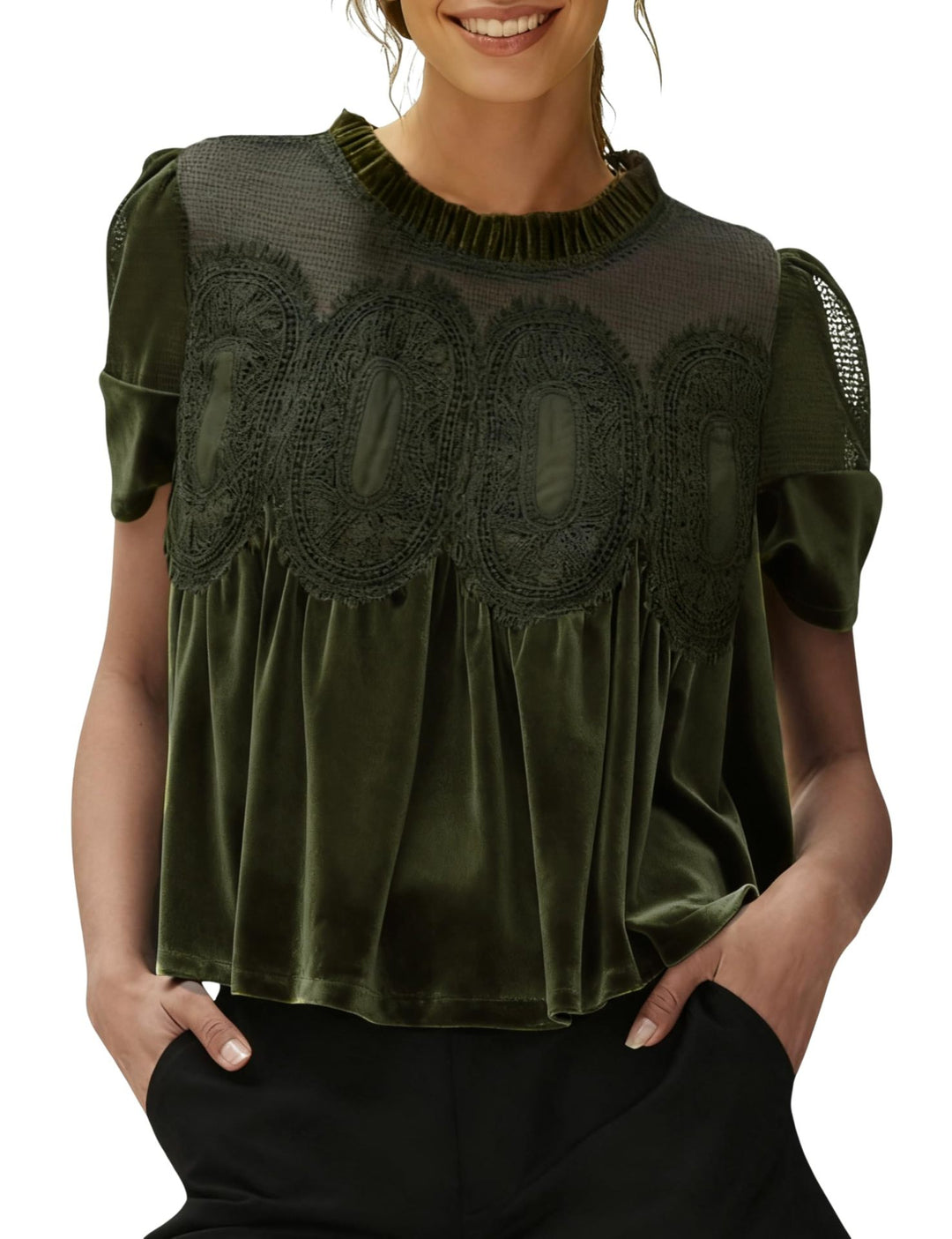 Women's velvet blouse with lace trim, transparent insert, and gathered A-line Mune Fashion