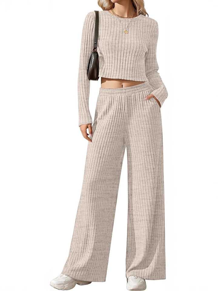 Women's Ribbed Fine Knit Lounge Set with Cropped Long Sleeve Top and High-Waisted Palazzo Pants Mune Fashion