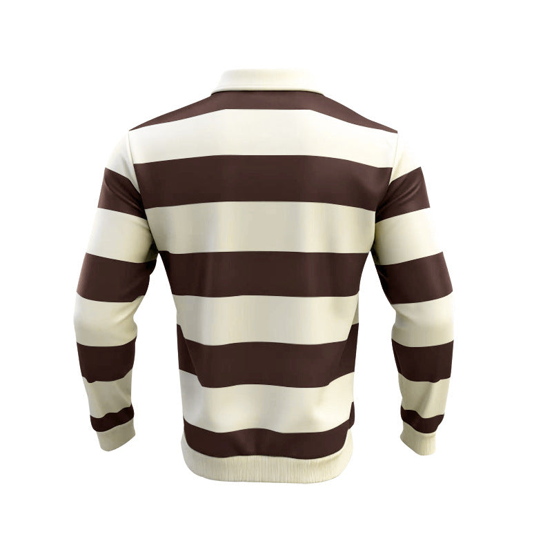 Men's striped rugby polo long sleeve shirt with wide horizontal stripes, classic polo collar and ribbed cuffs Mune Fashion