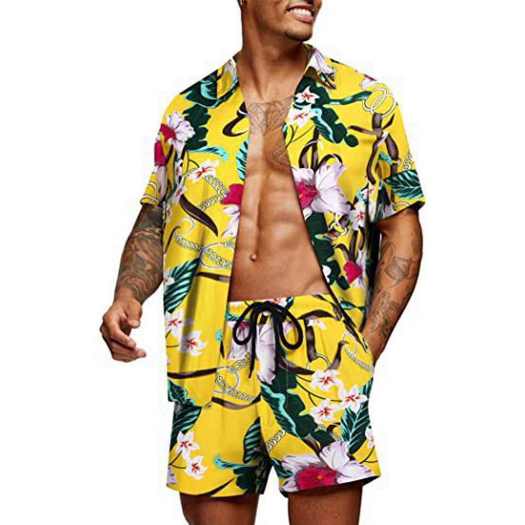 Men's tropical short sleeve shirt and swim shorts set with lapel collar, drawstring, and practical side pockets Mune Fashion
