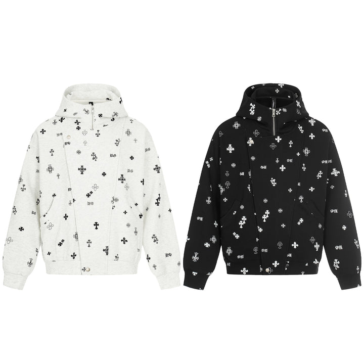 Unisex Boxy Hoodie Jacket with Half Zipper and Allover Print Mune Fashion