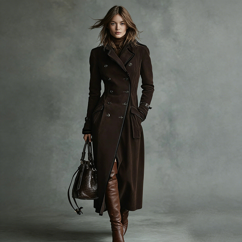 Women Longer Tailored Trench Coat in Suede Look with Double-Breasted Button Placket and Buckle Cuffs Mune Fashion