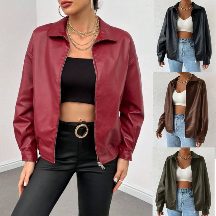 Women Oversized Faux Leather Blouson with Zipper and Shirt Collar Mune Fashion