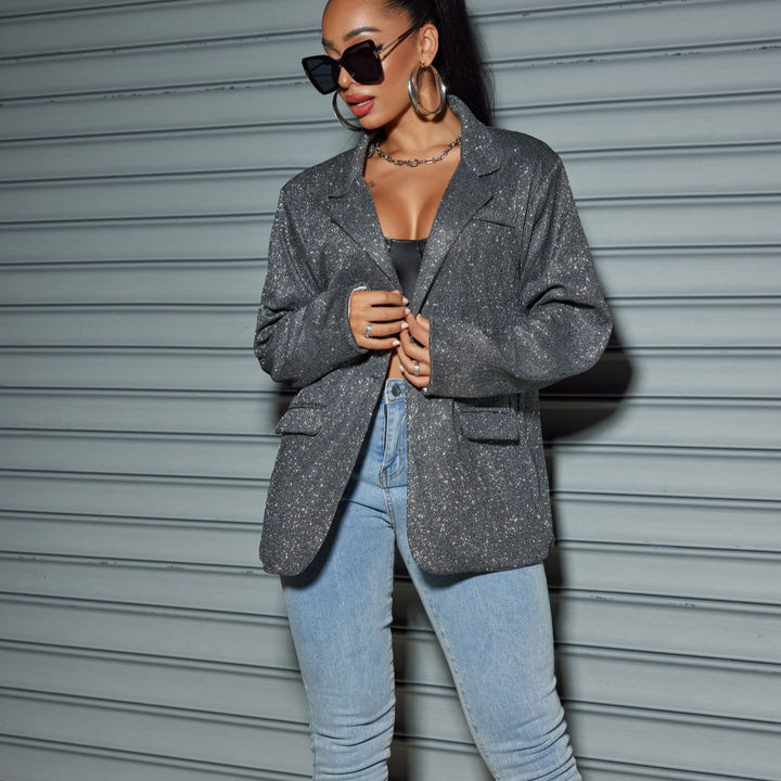 Women Glittering Oversized Blazer with Flap Pockets & Shimmering Texture Mune Fashion