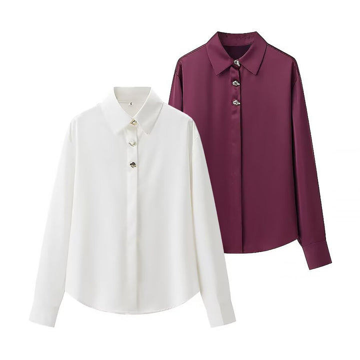 Women's luxury silk-like blouse with decorative button placket and classic collar Mune Fashion