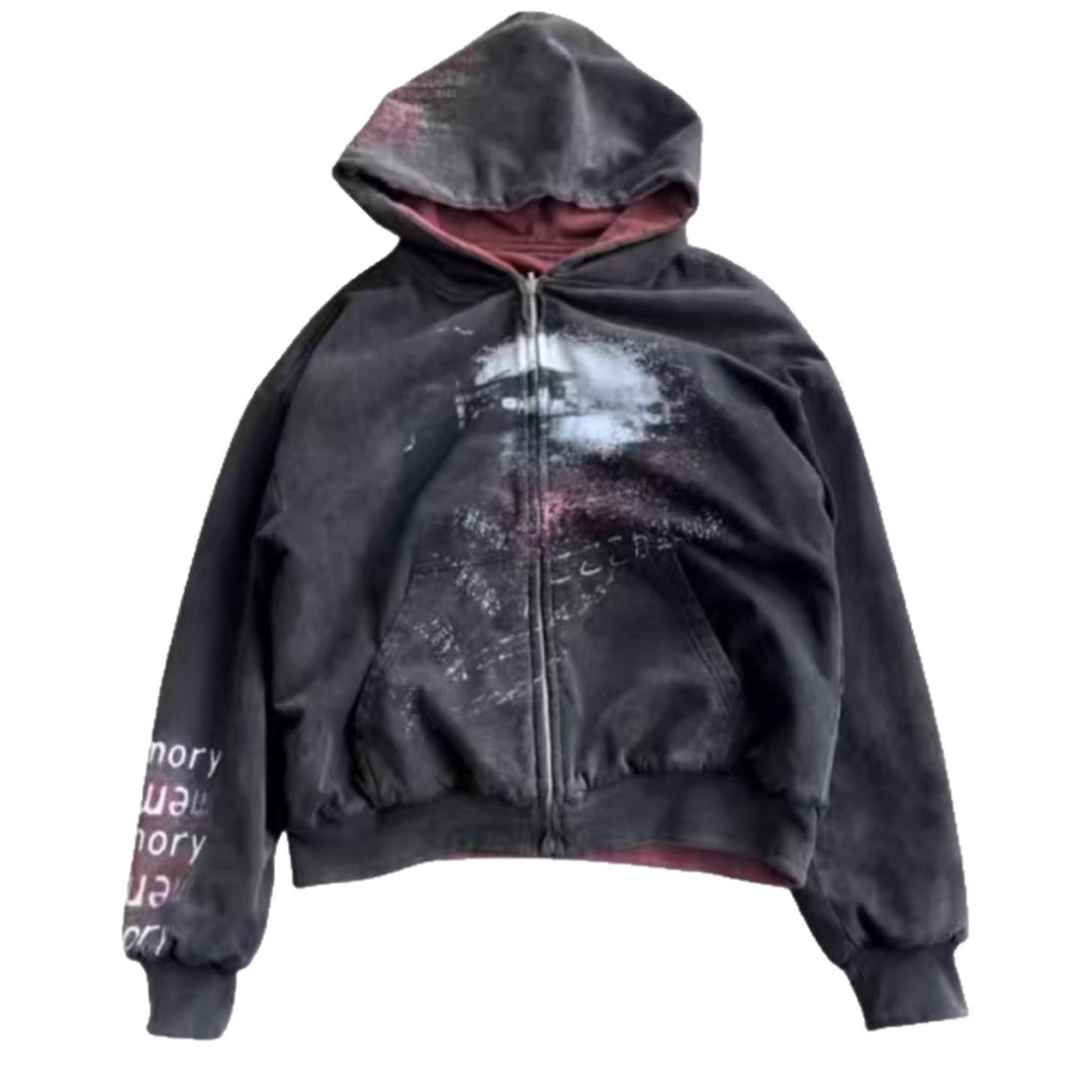 Unisex nan Hooded jacket with continuous zipper, used effect, double-layer hood and sleeve print Mune Fashion