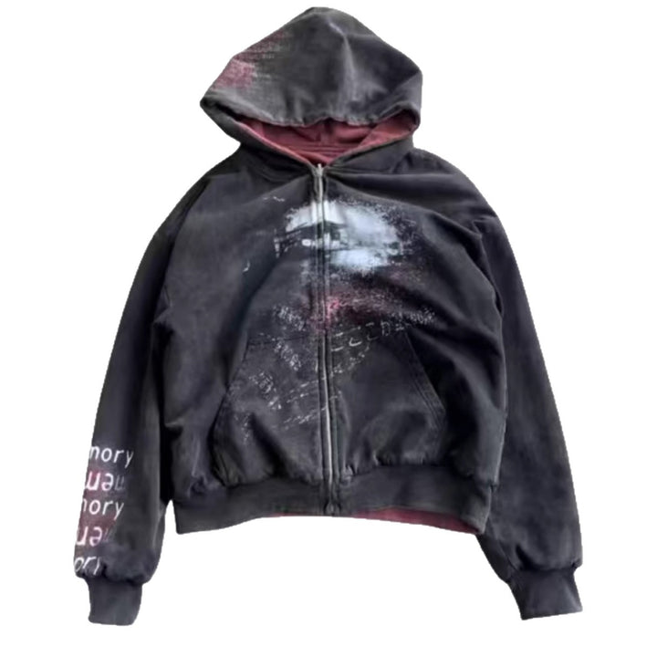 Unisex nan Hooded jacket with continuous zipper, used effect, double-layer hood and sleeve print Mune Fashion