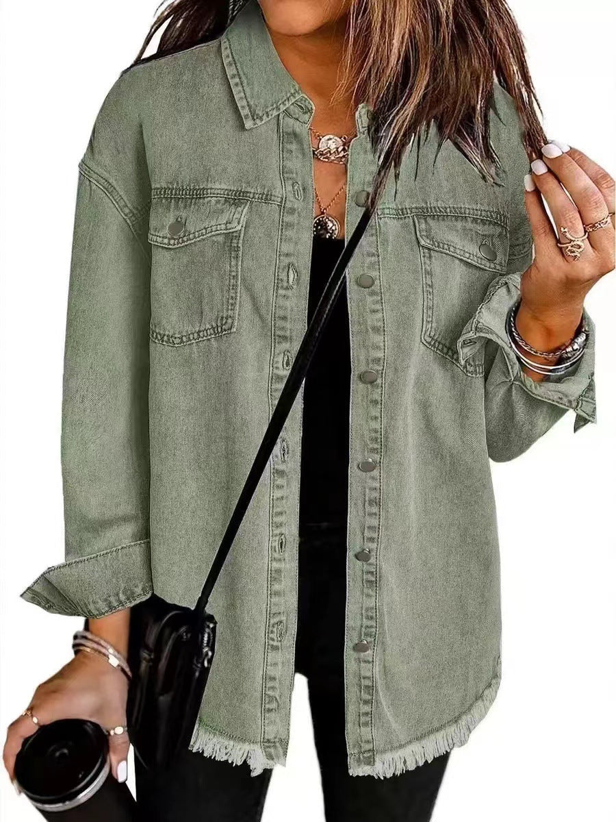Women's Oversized Denim Shirt Jacket with Fringe Hem Mune Fashion
