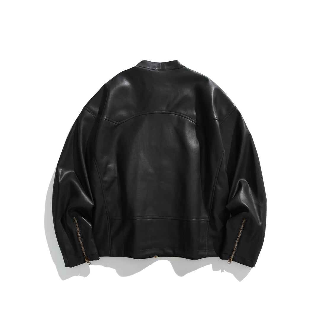 Men's leather-look bomber jacket with stand-up collar, angled zip pockets and minimalist seam design Mune Fashion