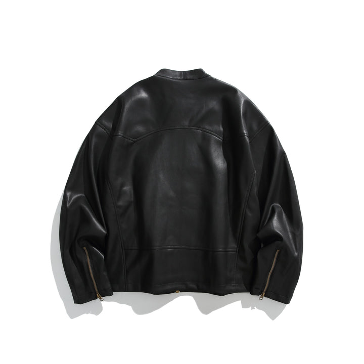 Men's leather-look bomber jacket with stand-up collar, angled zip pockets and minimalist seam design Mune Fashion