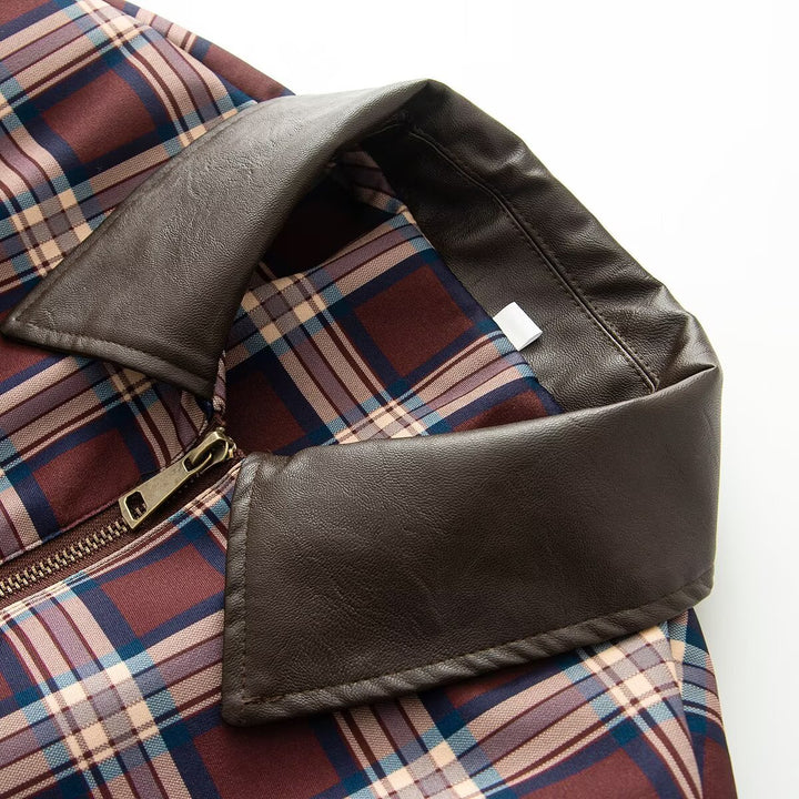 Women's Checkered Bomber Jacket in Cropped Boxy Cut with Contrasting Collar and Elastic Hem Mune Fashion