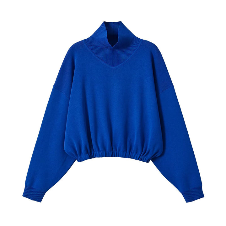 Women's Cropped Oversized Sweater with Stand Collar V-Slit and Gathered Hem Mune Fashion
