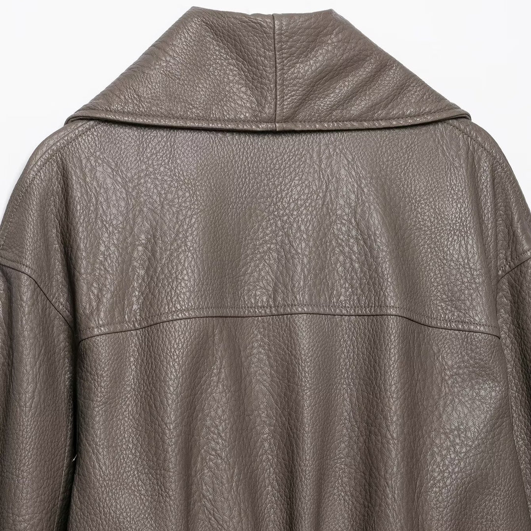 Women's Short Tailored Leather-Look Jacket with Oversized Shawl Collar and Gathered Hem Mune Fashion