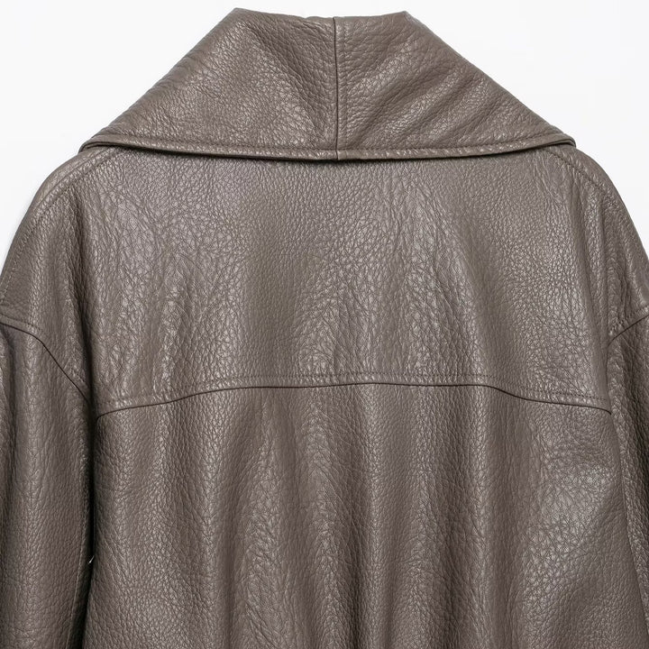 Women's Short Tailored Leather-Look Jacket with Oversized Shawl Collar and Gathered Hem Mune Fashion