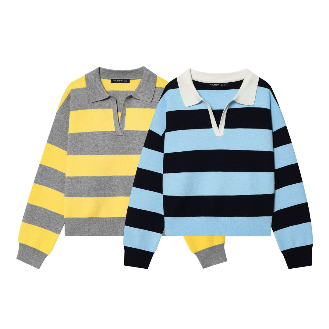Women striped rugby pullover with polo collar, V-neck and boxy oversized silhouette Mune Fashion