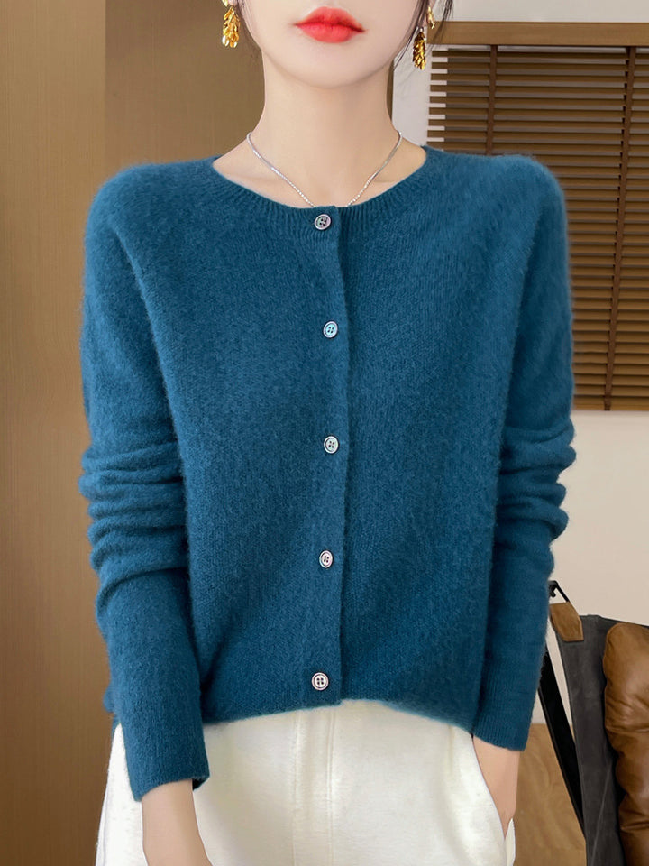 Ladies Cozy Short Cardigan made of Mohair Mix with fine virgin wool texture and mother-of-pearl button placket Mune Fashion