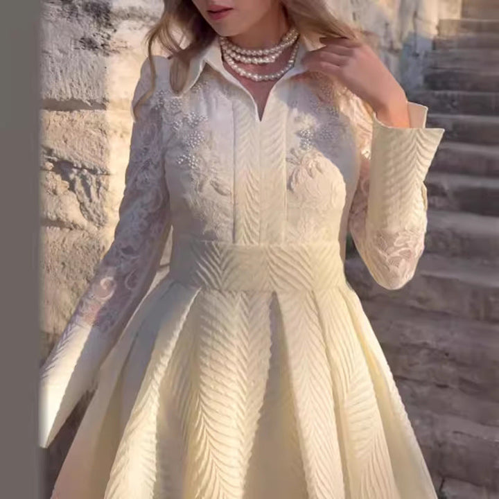 Women Elegant Maxi Dress with Lace Sleeves and Waist Belt Mune