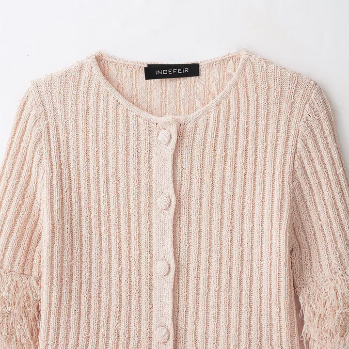 Ladies Boucle Cardigan with Fringe Sleeves and Hidden Button Placket Mune Fashion