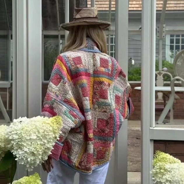 Ladies Nan quilted patchwork kimono jacket with shiny satin lining and wide shawl collar Mune Fashion