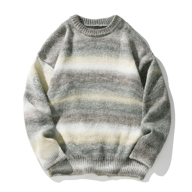 Unisex Oversize Mohair-Mix Round Neck Sweater with Gradient Stripes and Ribbed Hem Mune Fashion