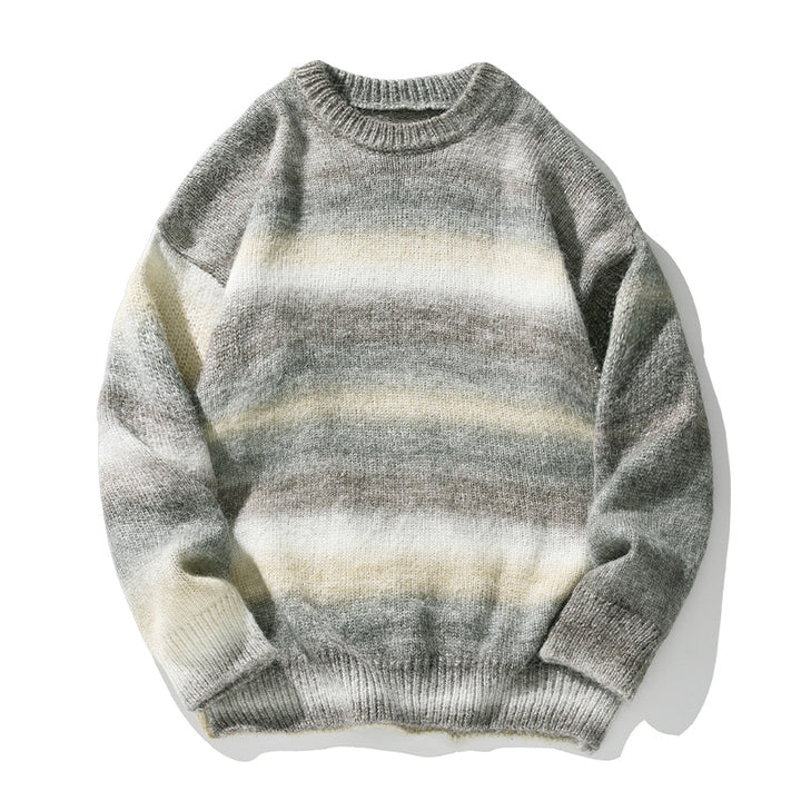 Unisex Oversize Mohair-Mix Round Neck Sweater with Gradient Stripes and Ribbed Hem Mune Fashion