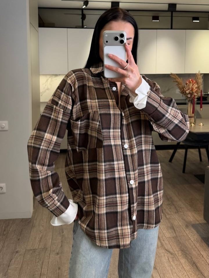 Women Checked Flannel Overshirt with Shirt Collar, Relaxed Fit and Patch Chest Pocket Mune Fashion