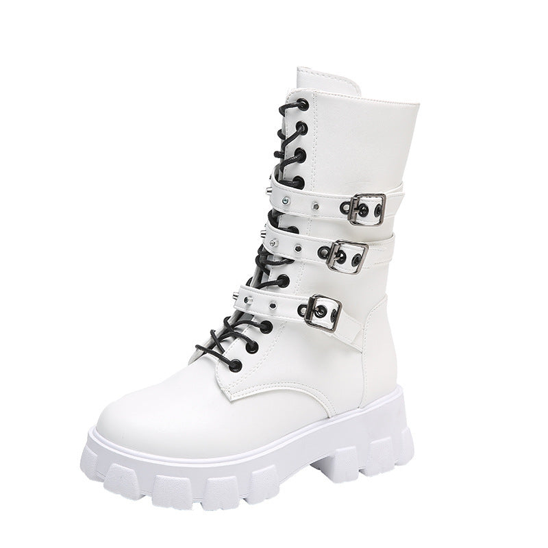 Women's platform biker boots with triple decorative buckle and chunky tread sole Mune Fashion