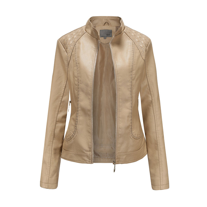 Women tailored faux leather biker jacket with stand-up collar and quilted shoulder section Mune Fashion