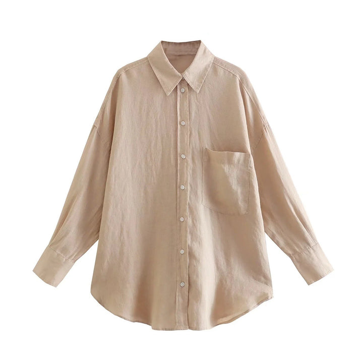 Women's Oversized Shirt Blouse made of Linen Blend with Dropped Shoulder and Chest Pocket Mune Fashion