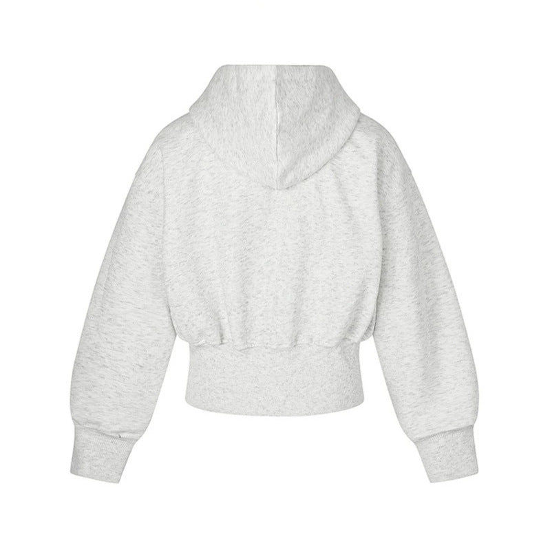 Ladies Short Hooded Sweat Jacket with Full Zip, Wide Ribbed Hem and Rhinestone Logo Mune Fashion