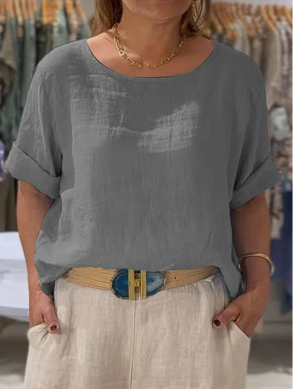 Women Lightweight Linen Blouse with Turned-up Sleeves Mune Fashion