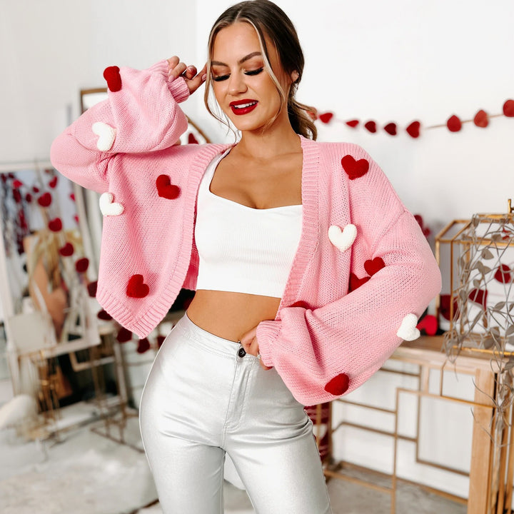 Ladies Short Oversized Cardigan with 3D Heart Appliqués and Wide Balloon Sleeves Mune Fashion