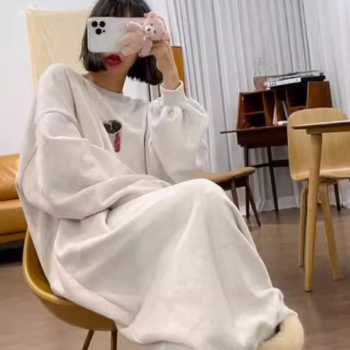 Women Long Oversized Sweat Dress with Fries Print, Raglan Sleeves and Side Pockets Mune Fashion