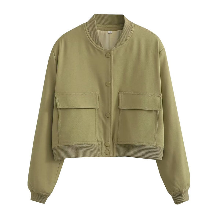 Women's short utility bomber jacket with patch pockets, concealed snap button placket, and elastic ribbed cuffs Mune Fashion