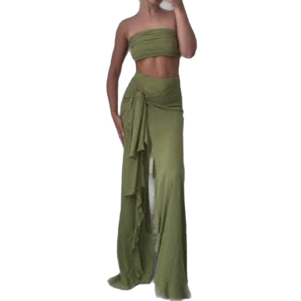 Women's High-Waisted Maxi Skirt with Asymmetrical Gathering, Knot Detail, and Ruffle Slit Mune Fashion