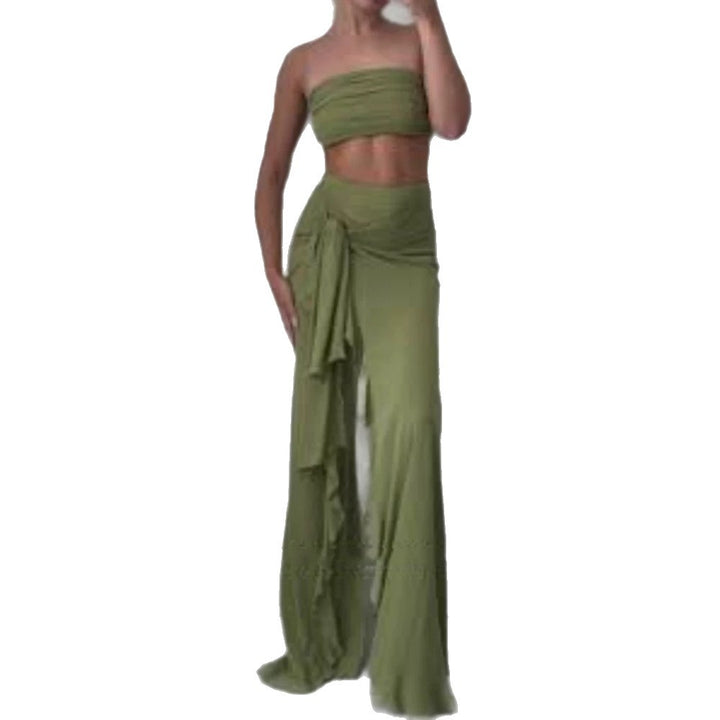Women's High-Waisted Maxi Skirt with Asymmetrical Gathering, Knot Detail, and Ruffle Slit Mune Fashion