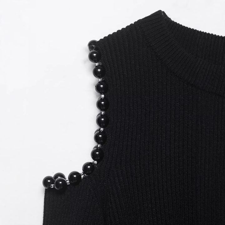 Women Knitted Cropped Sweater with Cut-Out Shoulders and Bead Embellishment Mune Fashion