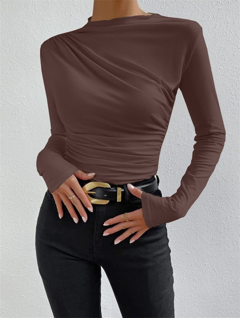 Women's fitted long-sleeve shirt with asymmetrical gathering at the front and boat neck Mune Fashion