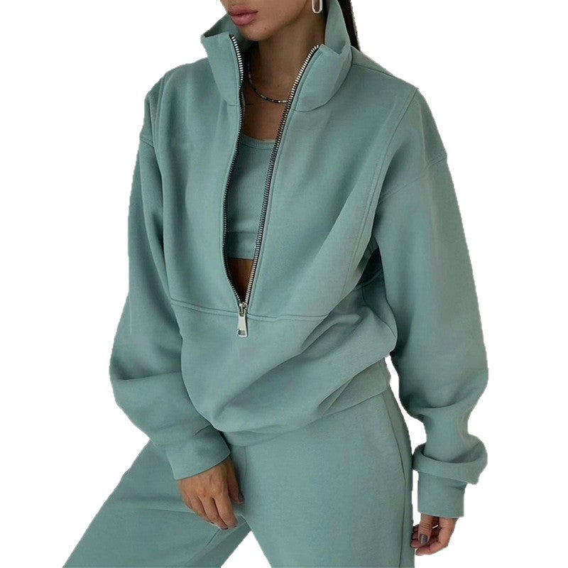 Women's Oversized Half-Zip Sweatshirt with High Stand Collar and Concealed Kangaroo Pocket Mune Fashion